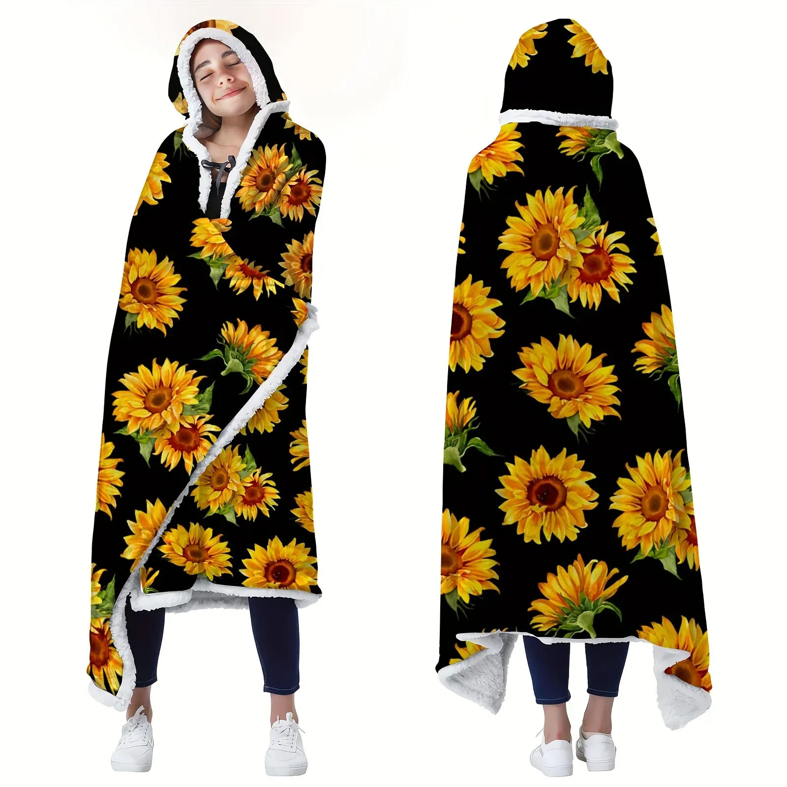 Sunflower Theme Hooded Blanket Sweatshirt, Comfortable Sherpa Fleece, Warm Blanket, Perfect Birthday Gift for Women, Lamb Wool Hoodie