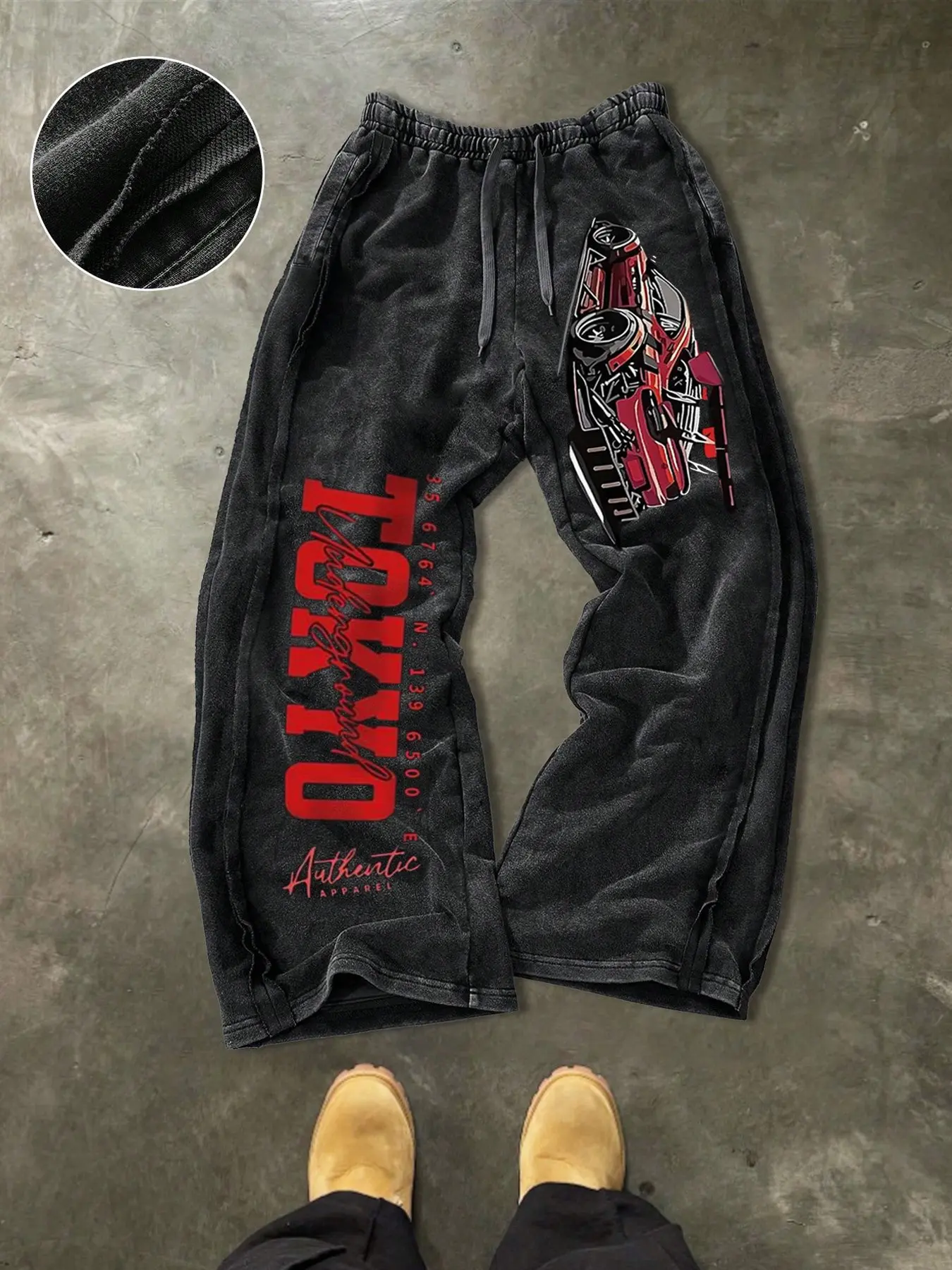 Men's Casual Loose Cotton Adjustable Drawstring Sweatpants, Tokyo Letter Mechanical Car Print, Outdoor Vacation Party Home Comfort Street Style