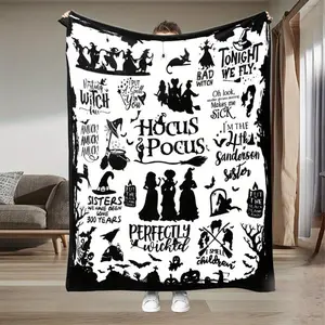 Hocus Pocus Witch-Themed Flannel Blanket - Soft Throw With Black & White Halloween Design, Sanderson Sisters Quotes & Silhouettes For Bed, Sofa, Or Gift - Cozy Contemporary Fantasy Decor, Seasonal Home Accent, Whimsical Home Style Horror