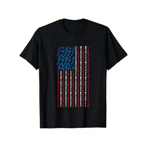 Patriotic American Flag Clarinet Player T-Shirt - Comfortable cotton short-sleeved T-shirt, suitable for both men and women, with an American Independence Day theme design and musical note pattern.