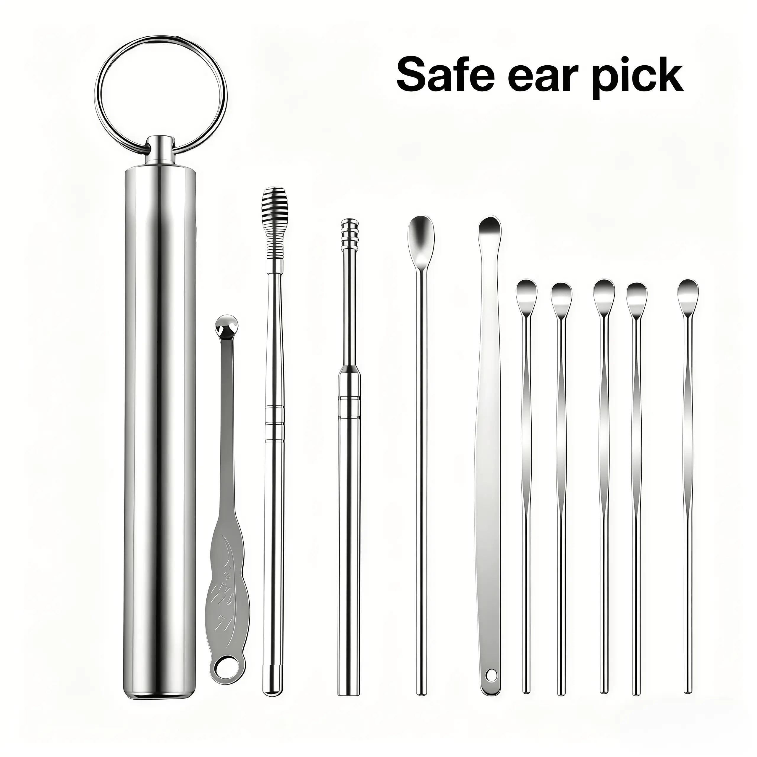 10 Pcs Stainless Steel Ear Cleaning Tool Set, Rotating Ear Pick Spoon, Portable Keychain Storage, Safe Earwax Removal Tools for Adults Kids Daily Ear Care
