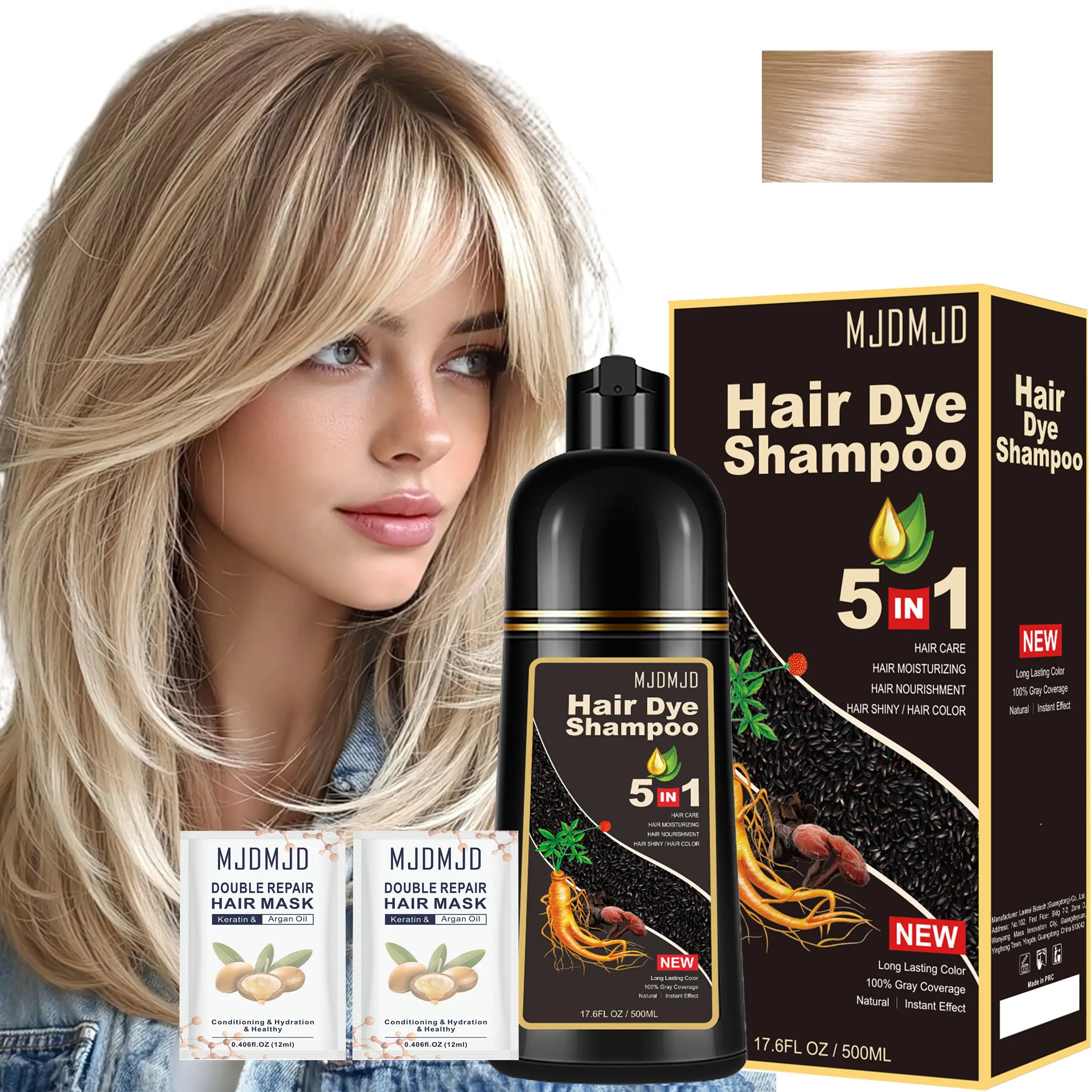 MJDMJD 17.6 oz 5-in-1 Golden Brown Hair Dye Shampoo(Include 24 ml