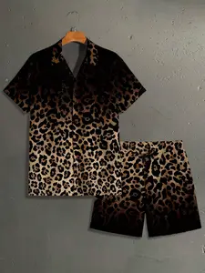 Men's Leopard Print Shirt and Shorts Set, Fashionable Casual Comfort Fit, Perfect for Daily Leisure Activities, Versatile Men's Clothing