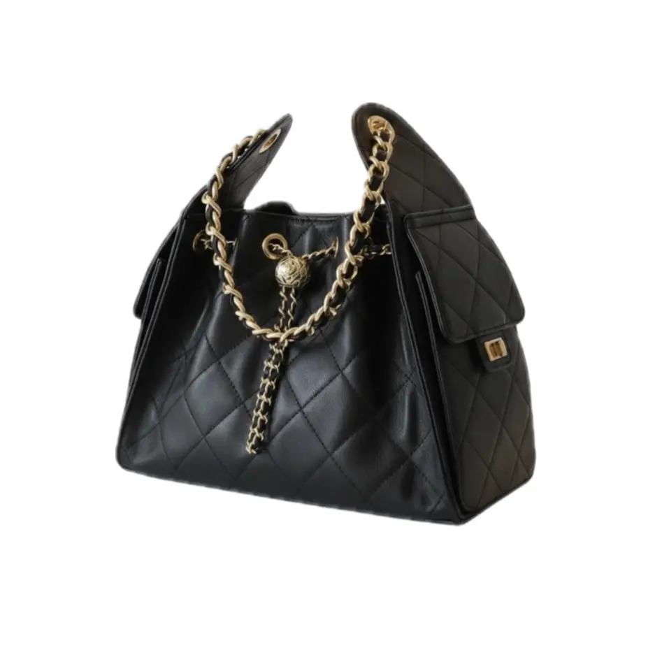 Quilted Caviar Drawstring Bag | Premium Leather Bucket Bag - Luxury Hobo Handbag | Women's Designer Style Shoulder Bag