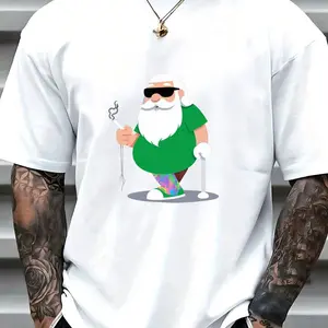 Stylish Oversized Santa Claus T-Shirt with Cartoon Graphic - Premium 100% Cotton Crew Neck Tee, Super Soft and Breathable for Summer, Funny Green Santa Smoking Joint Design, Perfect Streetwear Gift for Hip-Hop Lovers and Holiday Parties