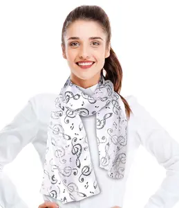 CBC Crown Treble Clef Print Silk Feeling Music Theme Scarf - White
