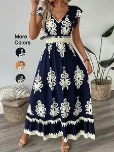 Women's V Neck Ruffle Hem A-Line Dress, Elegant All over Print, Elastic Waist, Moderate Woven Fabric, Casual Vacation Wear