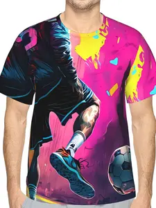 Men'S 3D Digital Printed Soccer Player Graphic Tee, Dynamic Sport Action Design with Neon Background, Breathable Polyester Short Sleeve Shirt for Gym And Casual Wear, Cool And Lightweight, Size S-3XL