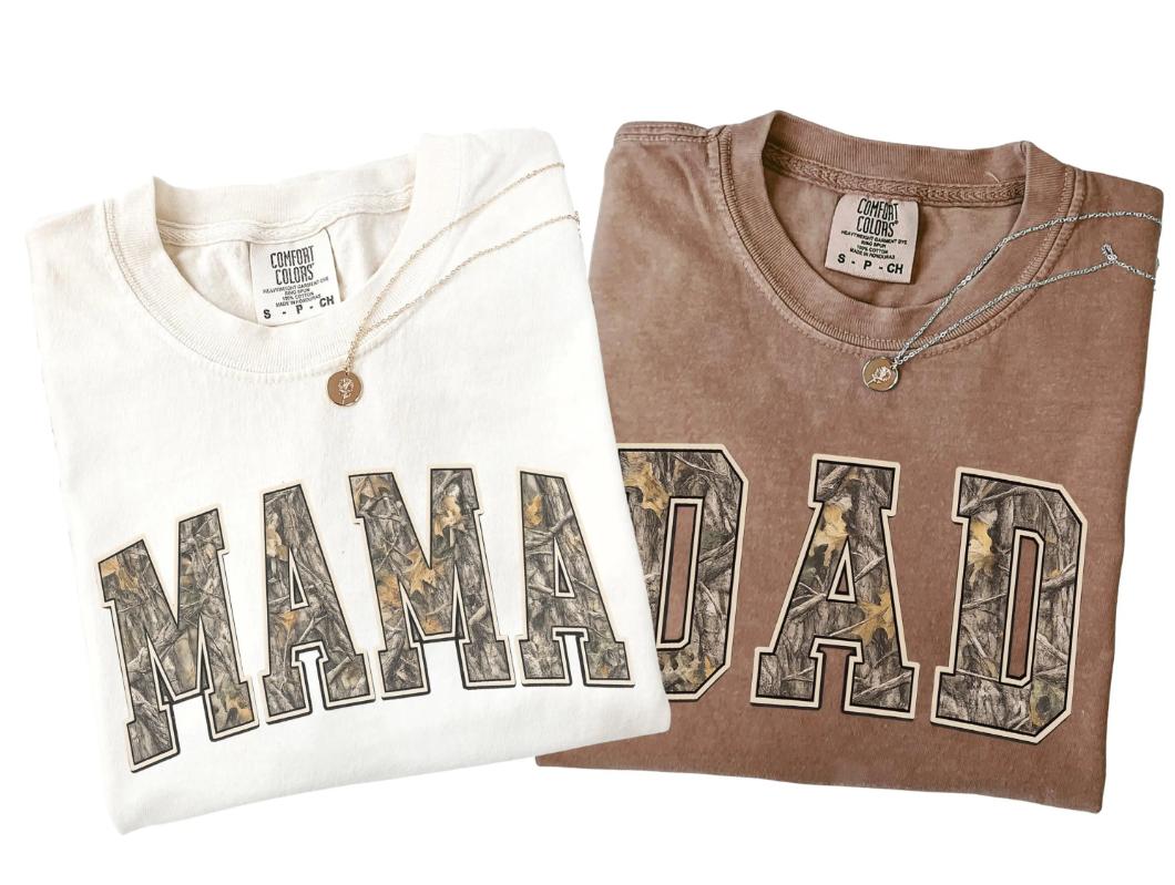 Comfort Colors Matching Camo Mama Dad T-Shirt, New Parents Gift, Retro Pregnancy Announcement Outfit, Mother’s Day Gift for Mom, Father’s Day Gift