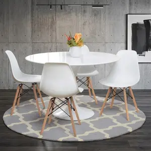 Modern Minimalist Dining Chair Set of 4, White PP Plastic Kitchen Chairs with Wood Legs, Eiffel Style Ergonomic Curved Backrest Chairs, Waterproof Stain Resistant Leisure Chairs for Home Kitchen Living Room Office Decor