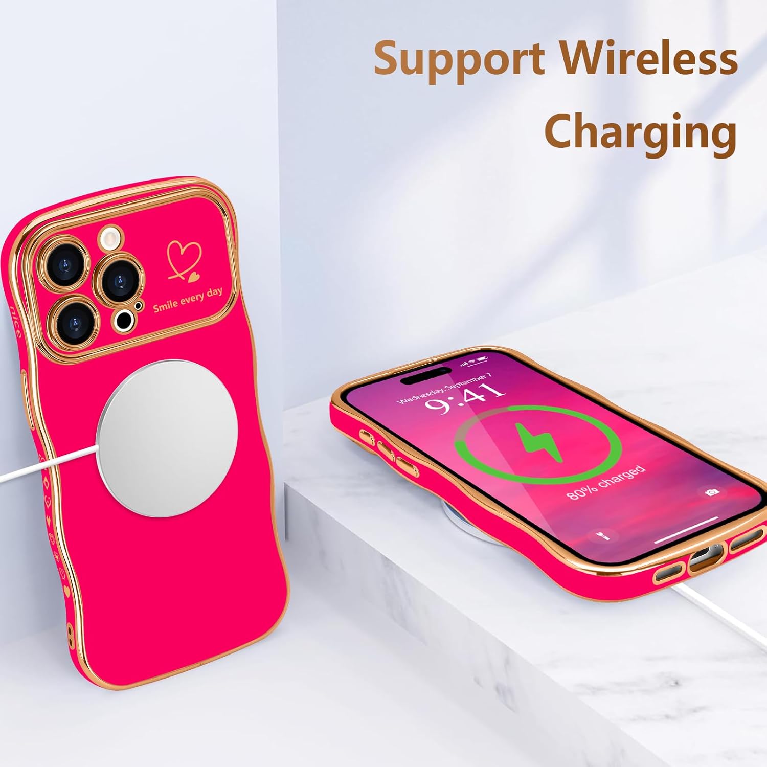 Cute Wave Shape with Love Heart Raised Camera Protection Phone case Accessories Durable Silicone Shiny Silicone Shiny Wavy Wireless