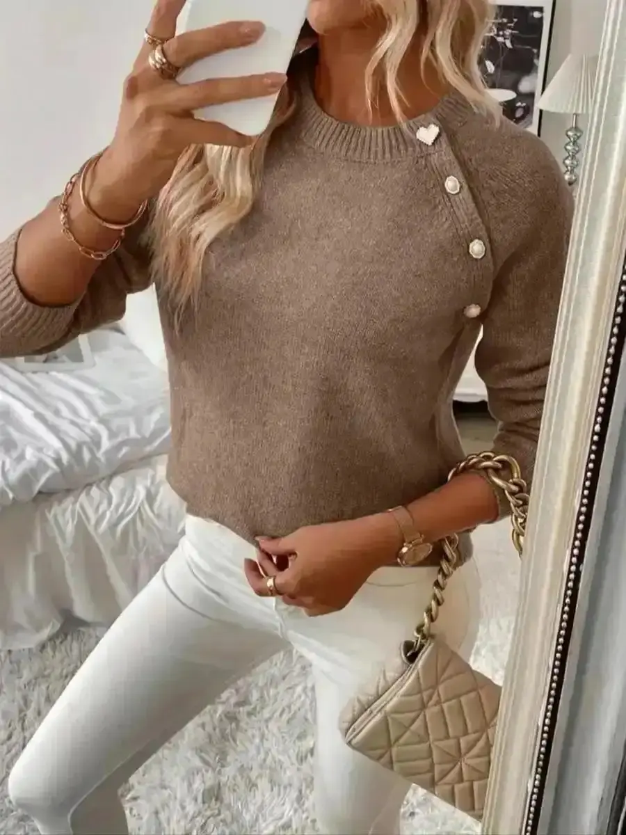Women's Elegant Shoulderless Button Round Neck Long Sleeve Sweater, Casual Fitted Knitwear for Fall & Winter, Comfortable Medium Stretch Fabric, Cozy, Versatile, Comfort, Wear, Style, Outfit, Essential
