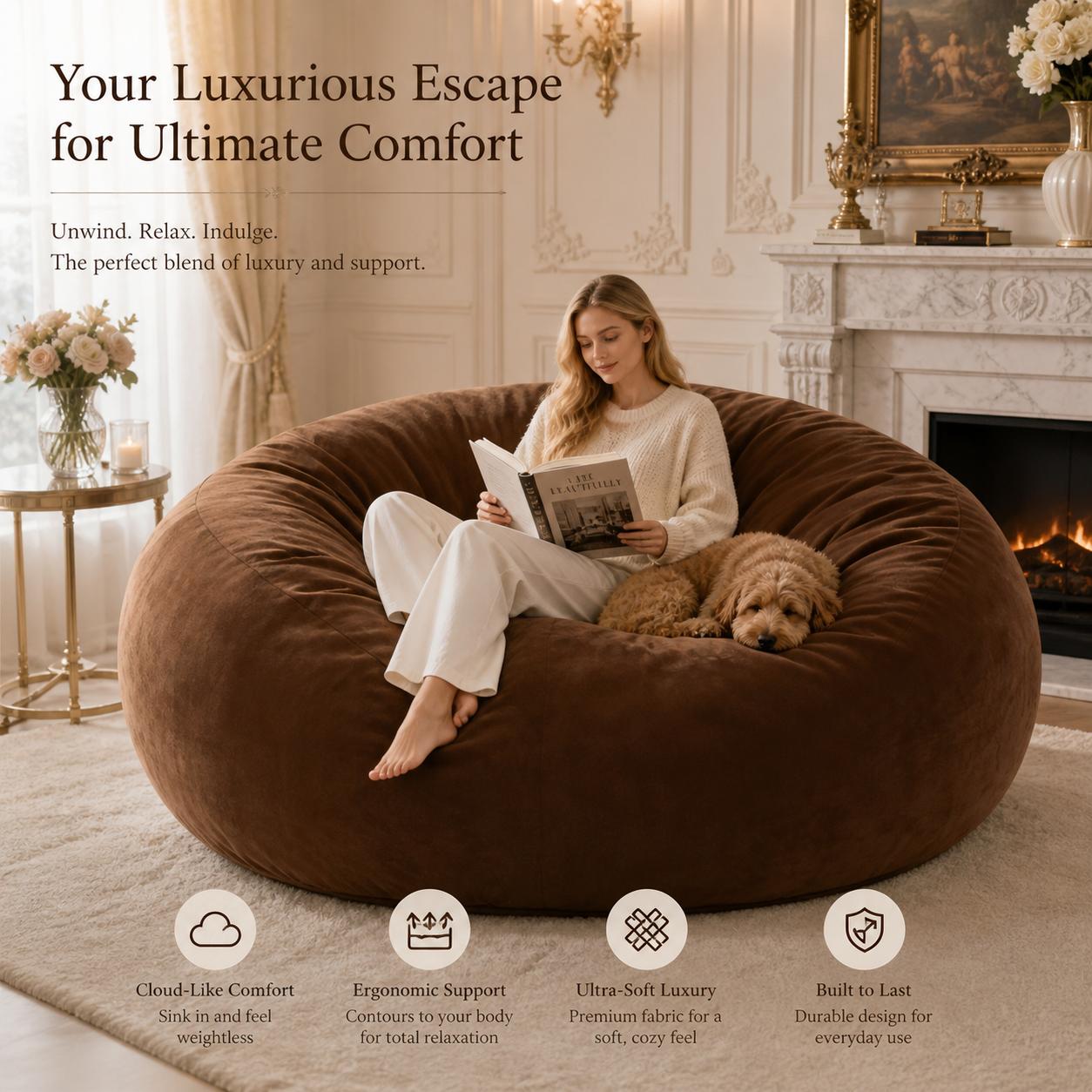 Bean Bag Chair for Adults, Giant Bean Bag with Filler & Machine Washable Cover, Fluffy Bean Bag Chairs Oversized Beanbag Lounge Chair for Living Room, Bedroom Dorm(4/5/6FT))