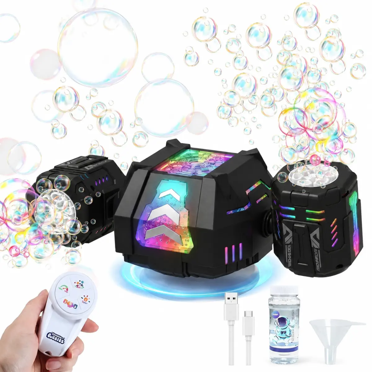 Rechargeable Dual-Nozzle Bubble Machine for Kids, Bubble Maker with RGB lights, Remote Control, 30000+ Bubbles Per Minute, Bubble Solution Included, Outdoor Kids' Toys, Weddings, Outdoor Activities, Birthday Presents, Christmas Gifts