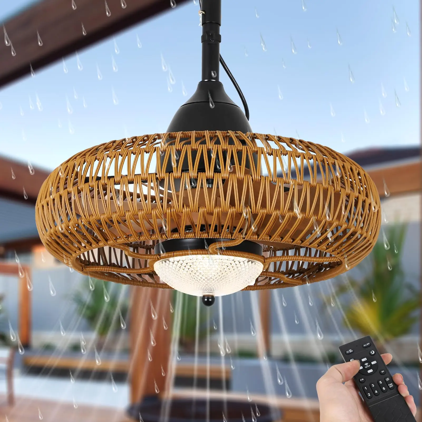 Waterproof Outdoor Ceiling Fan with Lights Remote Control, Wet Rated Gazebo Fan with 3 Color Temperatures&Dimmable LED Light, Boho Rattan Plug in Ceiling Fan for Indoor Bedroom/Outdoor Patios lamps