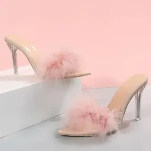 Women's Slippers 2024 Pink Feather Peep Toe Pointed Slippers Sexy Slip on Clear Heel Slides Women Thin Heels Summer Footwear