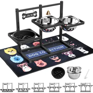 6 -Height- Adjustable Raised Stand with Mat, Slow Feeding Bowl and Three 1700ML Bowls for Large Breed and Multi-Pet Households