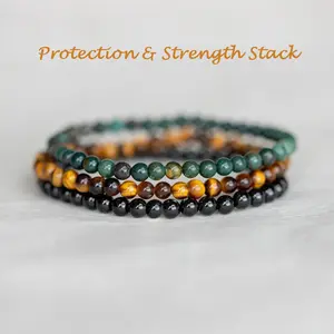Protection Strength Beaded Gemstone Bracelet 3pcs Set - Tiger Eye, Black Tourmaline and Moss Agate, 4mm Beaded Energy Crystal Bracelets