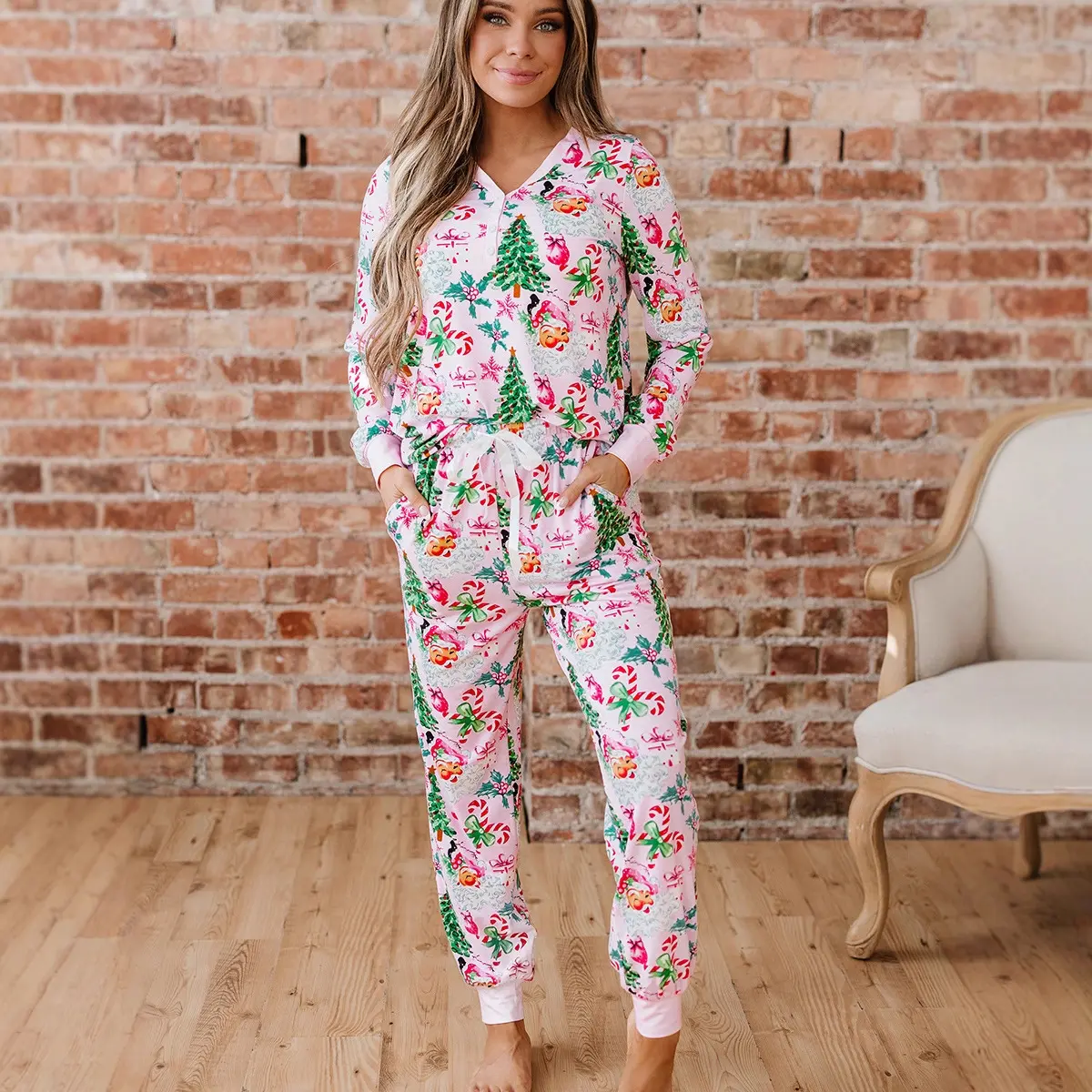 Pajama Set for Women, Casual Christmas Nutcracker Print 2-Piece Loungewear, Long Sleeve Henley and Jogger Pants, Pyjamas, Nightwear, Longsleeves, Women's Clothes, Loose Fit, Festive Pattern, Christmas Theme, Lady, Henley Neck, Korean, Long Sleeves