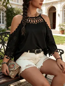 Elegant Halter Neck Top, Intricate Cut-Out Lace Bell Sleeve, Sexy Bohemian Vacation Style, Summer Beach Casual Fitted Blouse