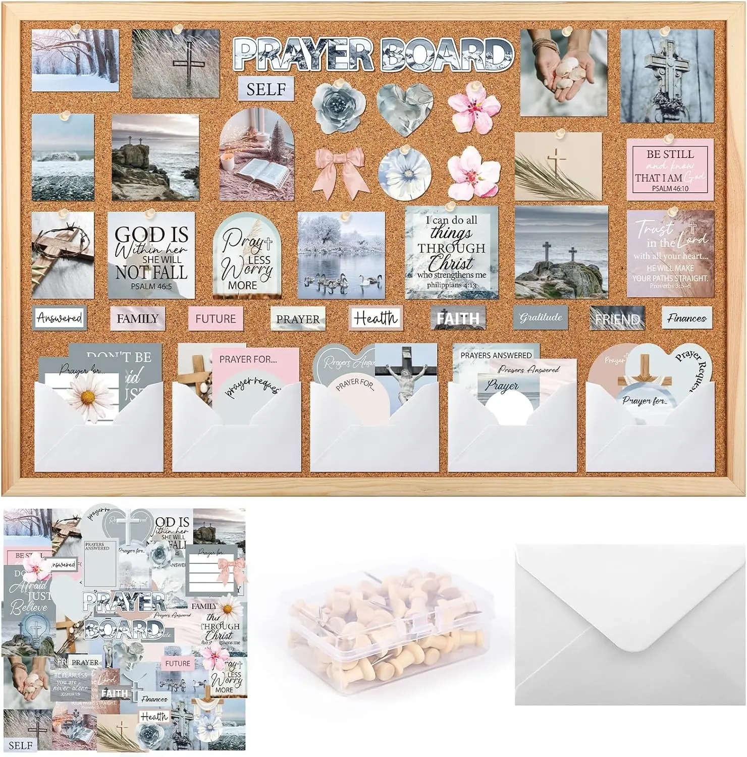 Prayer Board Kit Blue Prayer Board Supplies Not Including Board | Prayer Room Decoration with Pins Envelope Bible Verse Quotes Cards, Vision Board Decor, Bible Study Supplies