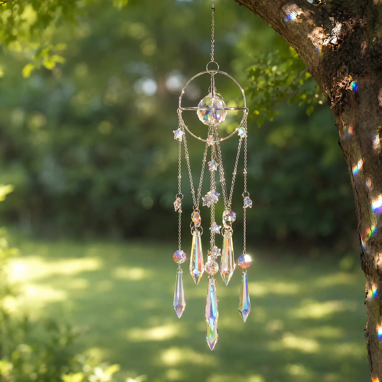 Crystal Sun Catcher, Garden Suncatcher Hanging Wind Chime, Handmade Rainbow Maker Indoor Outdoor Decor for Window Bedroom Courtyard Garden, Bless Gift