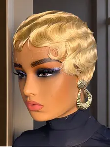 Women's Natural Look Peruvian Remy Human Hair Wig, Ocean Wave Texture, Machine-Made Pixie Cut, Curly Style, Casual Daily Wear, Human Hair Bob