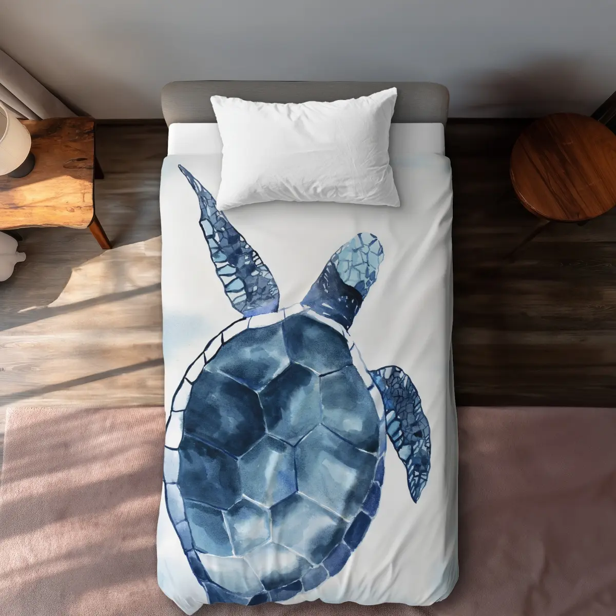 Begin Home Decor C1DCTSW0EMPQU3 Blue Turtle Twin Size Duvet Cover - Aquatic Animals Bathroom Decor, Decorative Duvet Cover, Aquatic Duvet Covers