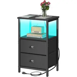 Nightstand with  Station, Night Stand with 2 Fabric Drawers PU Finish, Bedside Table End Table with LED Light, 3-Tier Storage Side Table Nightstand with Drawers for Bedroom,Black