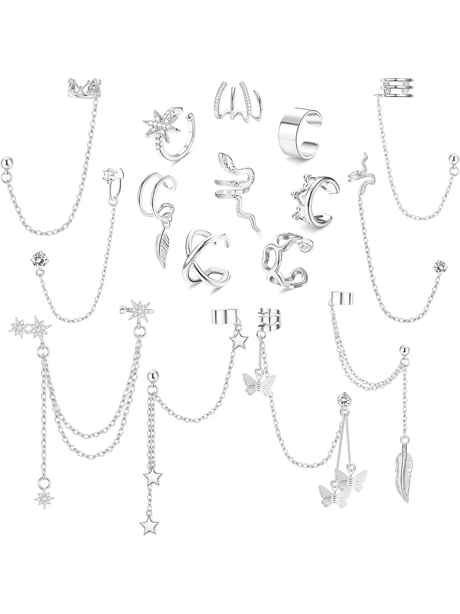 Diverse 16 Pcs Silvery Versatile Earring Stack Ear Cuff Earrings Exquisite Chain Earrings for Women Men Adjustable Cartilage Clip on Earrings Wrap Ear Cuffs Non Piercing Ear Jewelry Set Earcuff Earring Stacking Set