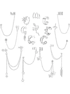 Diverse 16 Pcs Silvery Versatile Earring Stack Ear Cuff Earrings Exquisite Chain Earrings for Women Men Adjustable Cartilage Clip on Earrings Wrap Ear Cuffs Non Piercing Ear Jewelry Set