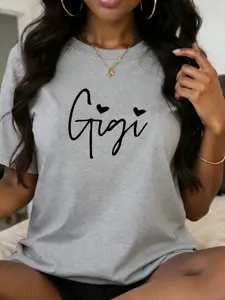Women's Crew Neck Short Sleeve T Shirt Three Color Options Cute GIGI Heart Print Fashion Casual Trendy Super Soft Comfortable Oversized Fit Slimming Design Breathable Lightweight Top Perfect for Daily Wear Travel Vacation Date & Street Style
