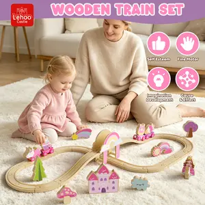 Lehoo Castle 38pcs72pcs Wooden Train Set, Train Set for kids, Wooden Train Track for Girls, Train Set with Tracks & Accessories, Unicorn Toys for Girls, Montessori Toys for Boys & Girls
