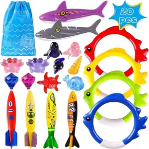 20Pcs Summer Pool Diving Swimming Toys for Kids Ages 3-12, Fun Swim Games Sinking Set, Underwater Dive Gifts with Storage Bag Include Torpedo Gems Shark Rings Sea Animals for Boys Girls Toddlers
