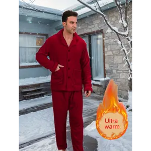 Men'S Plush Pajama Set with Pockets  Soft, Warm & Comfortable Fleece Lounge Wear for Winter, Relaxation, Sleep & Travel with Elastic Waistband, Button- Options, Perfect for Cozy Home Time  Tops Sleeve  Fabric Loungewear Menswear Nightwear Polyester Stretc