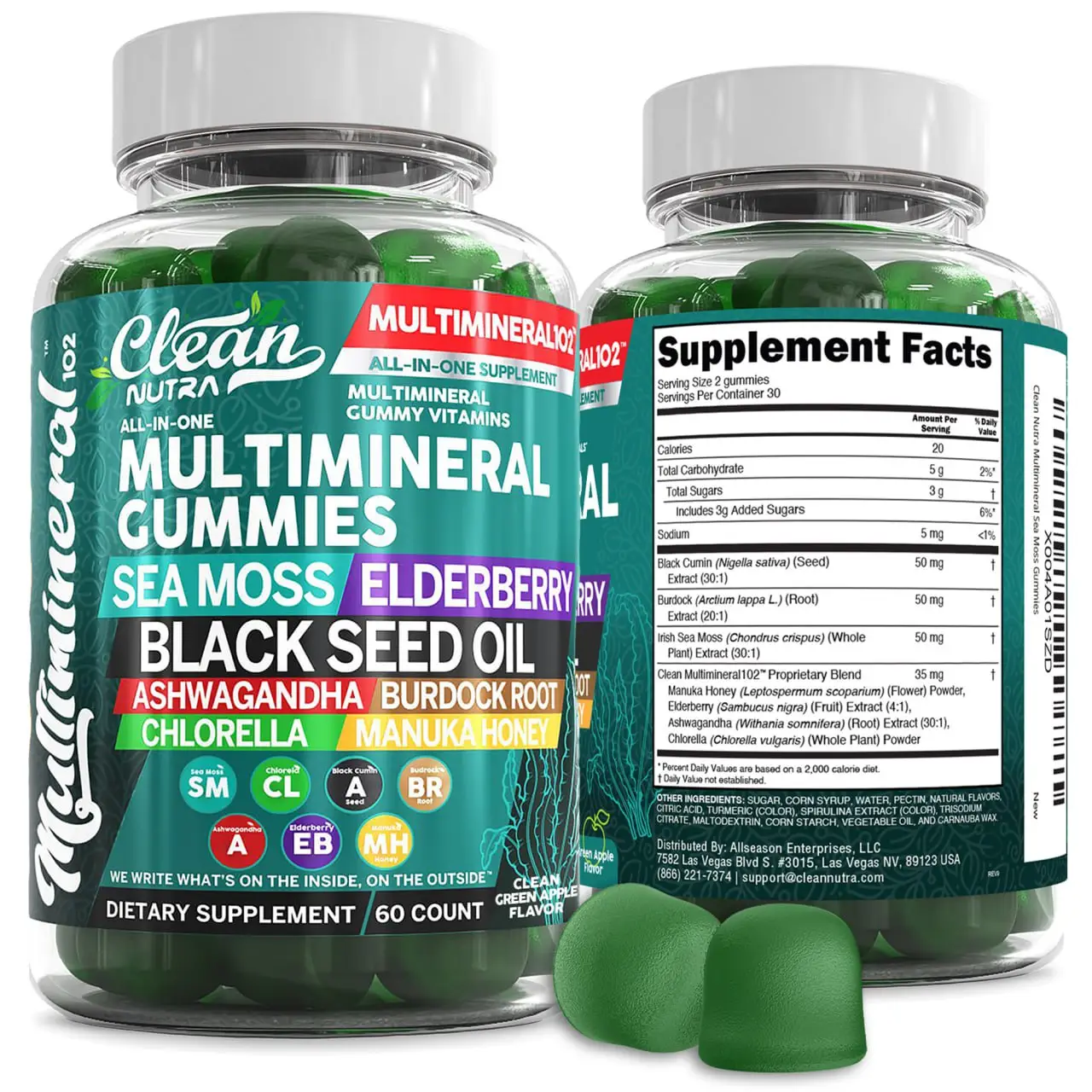 Clean Nutra Sea Moss Black Seed Oil Gummies with Ashwagandha, Elderberry, Burdock Root, Chlorella, Manuka Honey - Vegan Gummy Vitamins for Women Men