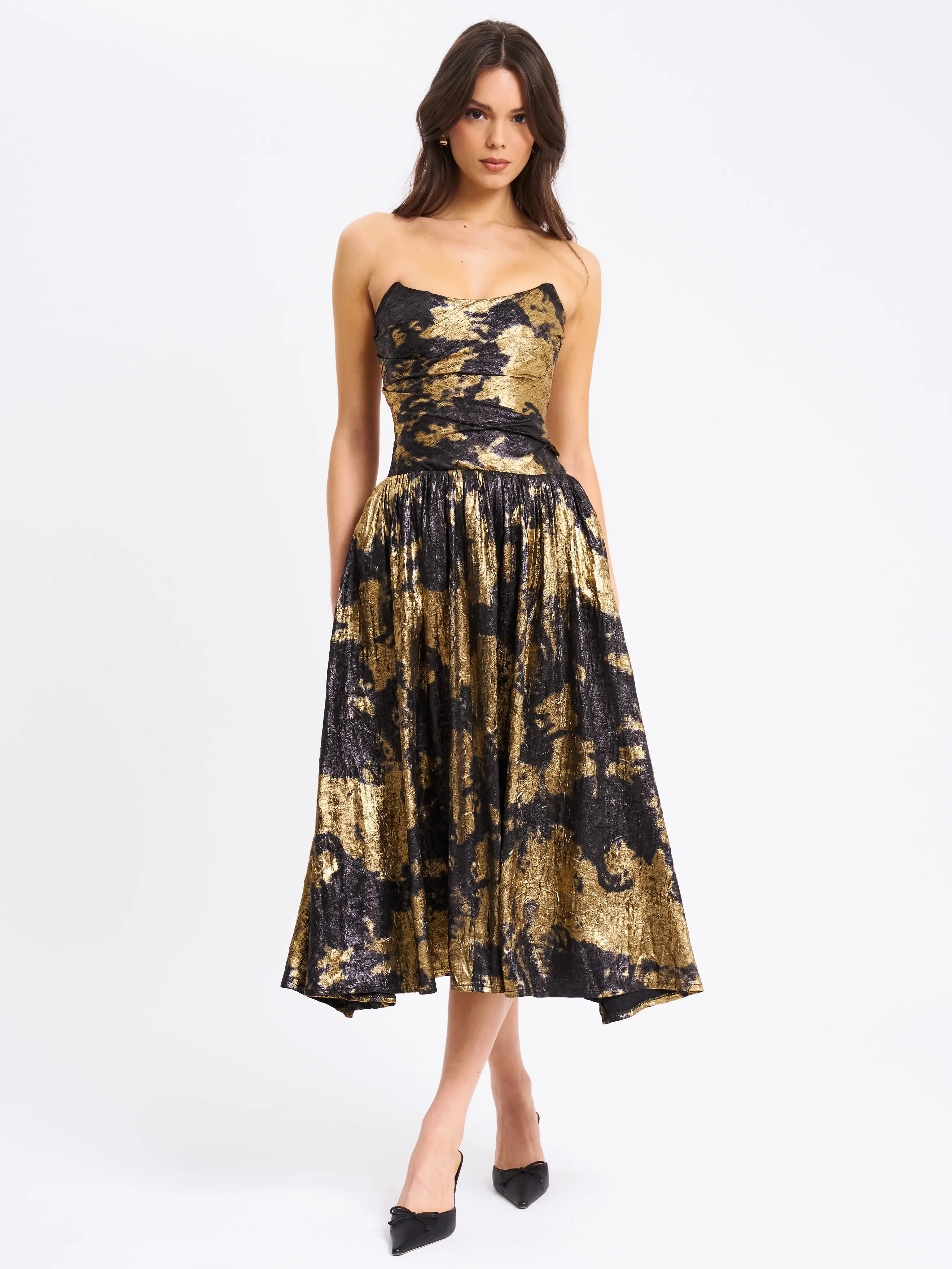 Saanvi Gold Tie Dye Bronzing Strapless Drop Waist Midi Dress - TikTok Shop Saanvi Gold Tie Dye Bronzing Strapless Drop Waist Midi Dress - TikTok Shop
