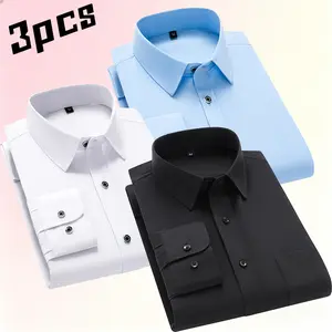 3-pack men’s solid color shirts—black, light blue, and white—business long-sleeve shirts in a fresh-mature minimalist commuter/formal style. Wrinkle-resistant, no ironing needed, smooth fabric that is skin-friendly and breathable. Classic stand collar pai