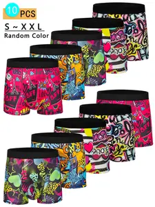 Random Men's Cartoon Print Boxer Brief Fitted, Casual Comfy Breathable Underwear for Daily Wear, Men's Underwear for All Seasons