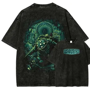 Men's Vintage Bioshock Unisex Fit Washed Short-Sleeve Round Neck Distressed Menswear T-Shirt, Grunge Casual T-Shirts, Fathers' Day Gift 3