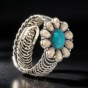 Bohemian Imitate Turquoise & White Stone Cuff Bracelet, Vintage Silver Tone with Flower Design, Western Style Open Cuff, Perfect for Daily Wear, Festivals or Boho Outfits, Adds a Bold, Retro Touch to Any Look