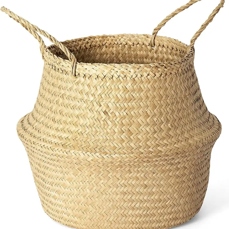 Woven Seagrass Plant Basket, Indoor Wicker Belly Basket Planter with Handle, Natural Flower Pot, Suitable for Fiddle Leaf Ficus, Tiger Tail, Olive Tree, Bird of Paradise (Medium, Natural)
