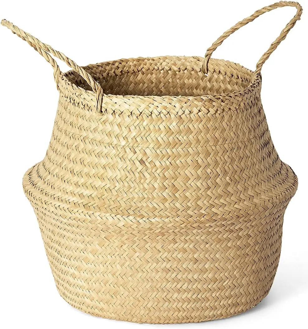 Woven Seagrass Plant Basket, Indoor Wicker Belly Basket Planter with Handle, Natural Flower Pot, Suitable for Fiddle Leaf Ficus, Tiger Tail, Olive Tre