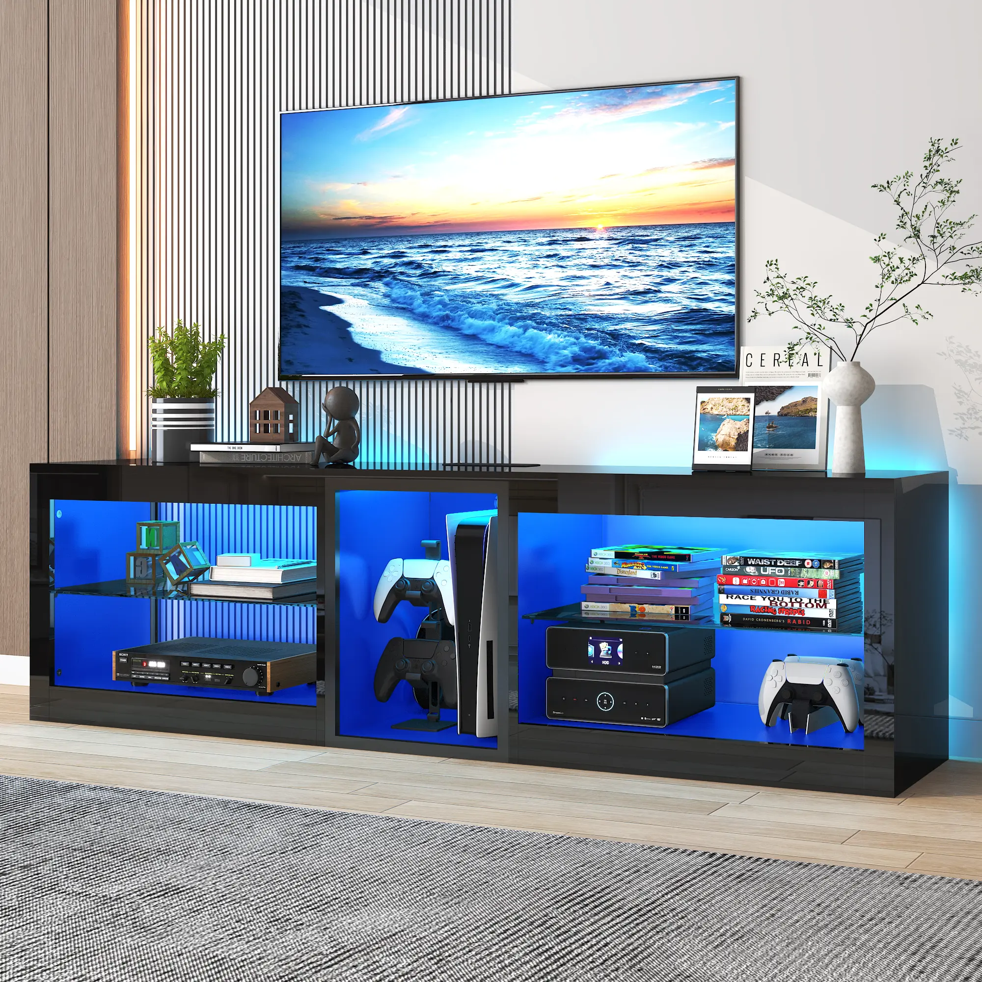 63in LED TV Stands for 65/70 inch TV, High Gloss Entertainment Center with 60,000-Colors LED Lights, 6.5ft Power Outlet , Modern TV Cabinet with Adjustable Glass Shelves for Living Room, White/Black