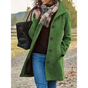 fireman clasp jacket Women's Casual Woolen Coat - Solid Color Mid-length H-shaped Cut Button Front Long-sleeved Winter Coat, Suitable For Autumn And Winter, Hand Wash/dry Clean, Women's Winter Wear, Structured Design