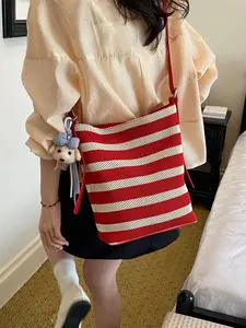Summer Striped Mesh Bucket Bag, Breathable Woven Large Capacity Shoulder Bag, Casual Crossbody Bag with Checkered Bow and Bear Charm