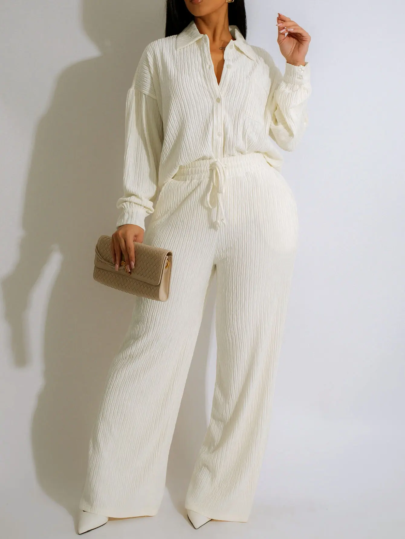 Women’s 2 Piece Ribbed Matching Set, Casual Chic Button Down Long Sleeve Shirt & Wide Leg Drawstring Pants Outfit for Vacation, Brunch, Travel, Office, Lounge & Daily Wear fall winter elegant suit solid tee Collared Adjustable