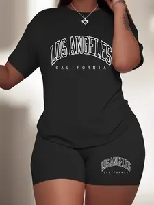【Plus Size】 Two-Piece Set  Letter Print Short Sleeve Tee & Skinny Shorts, Casual Round Neck T-shirt & Short Leggings, Women's Summer Clothes for Daily Wear, Casual Matching Set, Suits, Shorts Sets Outfits