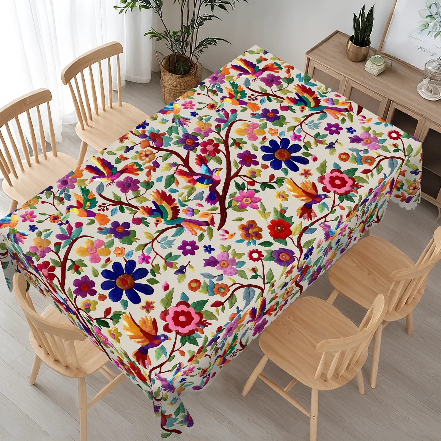 BLIOWL Mexico Style Otomi Flowers & Bird Print Rectangle Tablecloth - 55in, 60x86in Waterproof Stain-Resist Polyester Cover, Wrinkle Resistant & Durable, Decorative for Kitchen, Patio Festive Decor