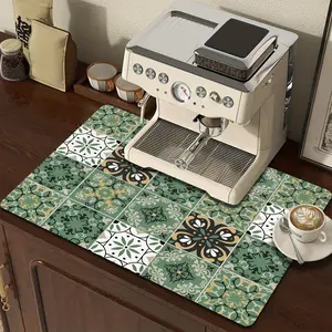 1pc Coffee Machine Absorbent Mat, Dish Drying Mat - Green Vintage Persian Check Pattern - Kitchen Countertop Protector Mat, Coffee Bar Mat, Multi-functional Mat, Durable Placemats, Dish and Pot Pad - Non-slip Backing, Quick-Drying, Easy to Clean